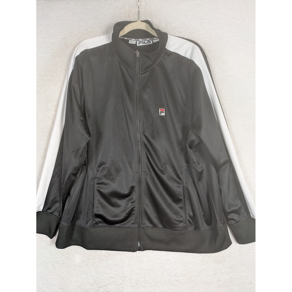 Fila Track Jacket Women's XL Black White Full Zip Mock Neck Sporty Logo